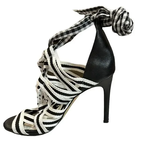 Gianni Bini Black Abrianna Gingham Lace Up Sandals 3.93” stiletto heels Size 6.5 - Picture 6 of 12